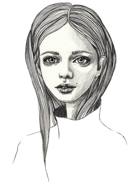 Porträtt av en vacker flicka. Skiss. Penna mode illustration på vit isolerade bakgrund — Stockfoto