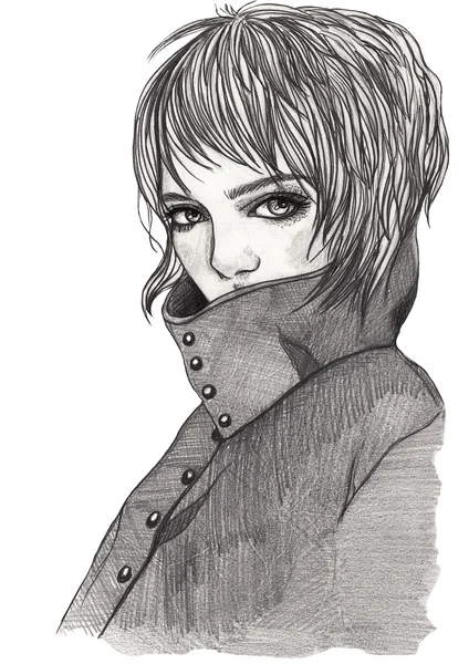 Retrato de una chica con abrigo. Una chica con el pelo corto. Boceto. Ilustración de moda a lápiz sobre fondo blanco aislado —  Fotos de Stock