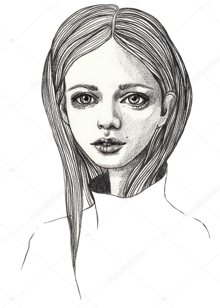 Portrait of a beautiful girl. Sketch. Pencil fashion illustration on white  isolated background Stock Photo by © 111214944
