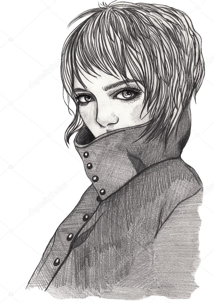 Portrait Of A Girl In A Coat A Girl With Short Hair Sketch