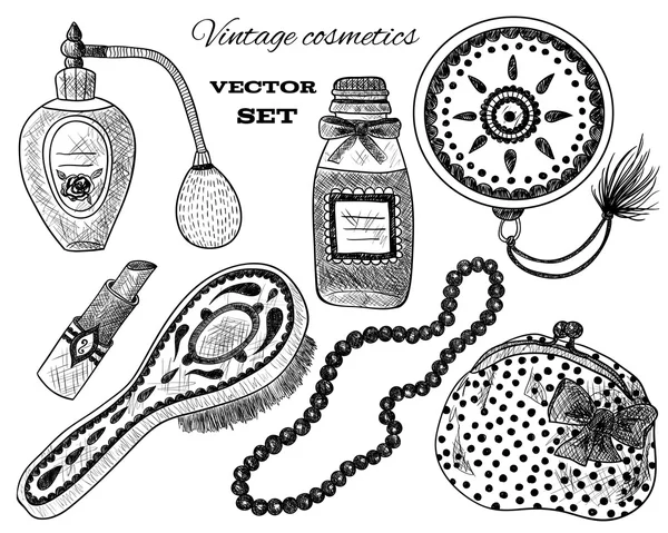 Cosméticos vintage. Perfume, lápiz labial, espejo de mano, peine, collar, bolso. Set cosmético sobre fondo blanco. Ilustración en blanco y negro — Vector de stock