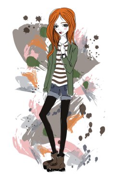 Cute girl in a grunge style. Red-haired girl on abstract background. Fashion illustration