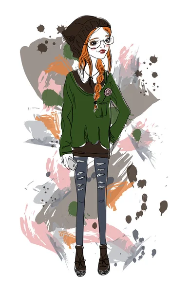 Cute girl in a grunge style. Red-haired girl on abstract background. Fashion illustration — 스톡 벡터