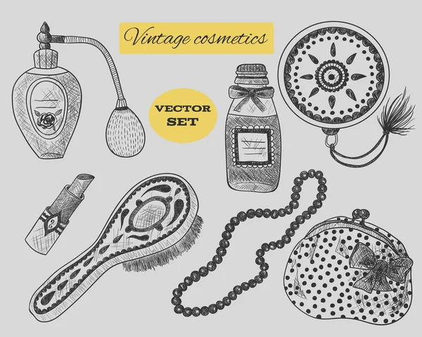 Cosméticos vintage. Perfume, lápiz labial, espejo de mano, peine, collar, bolso. Ilustración en blanco y negro — Vector de stock
