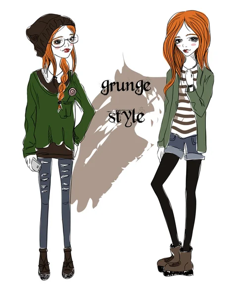 Duas meninas bonitos em um estilo grunge. Raparigas ruivas no fundo branco. Ilustração da moda —  Vetores de Stock