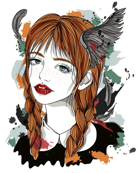 Portrait of beautiful girl with feathers in her hair. Red-haired girl with wings. Fashion illustration on abstract background. Print for T-shirt — Stok Vektör