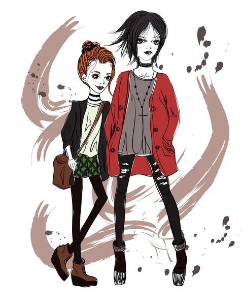 Zwei Mädchen im Grunge-Stil. rothaarige und schwarzhaarige Mädchen auf abstraktem Hintergrund. Mode-Illustration — Stockvektor