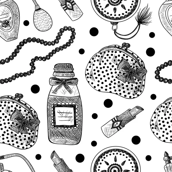 Cosméticos vintage. Perfume, lápiz labial, espejo de mano, collar, bolso. Patrón sin costura en blanco y negro — Archivo Imágenes Vectoriales