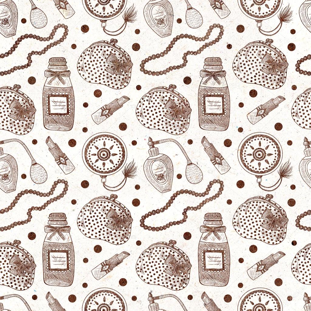 Vintage cosmetics. Perfume, lipstick, hand mirror, necklace, purse