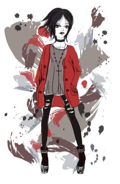 Kız bir grunge tarzı. Arka plan siyah saçlı kız. Moda illüstrasyon