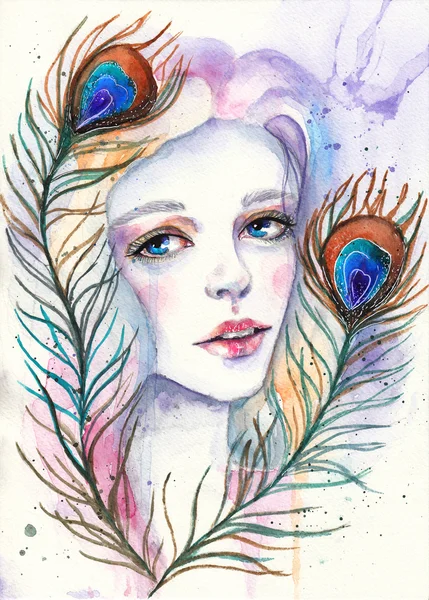 彼女の髪に孔雀の羽を持つ美しい少女の肖像画。ファッション水彩イラスト — ストック写真