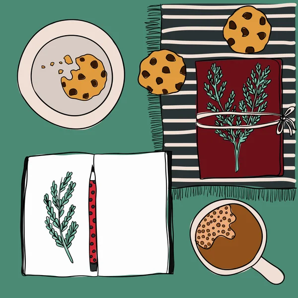 Xícara de café, caderno, caneta e biscoitos. Mockup, modelo para design —  Vetores de Stock