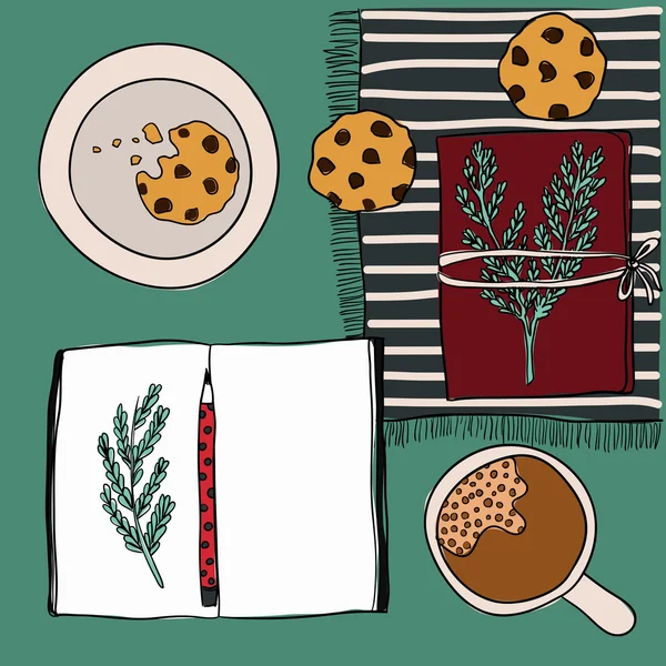 Kahve fincanı, defter, kalem ve çerezleri. Mockup, tasarım şablonu