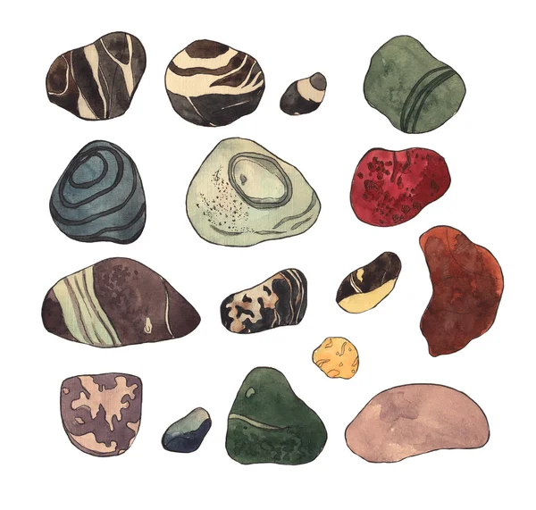 Set of marine stones. Watercolor illustration on white isolated background — Stock Photo, Image