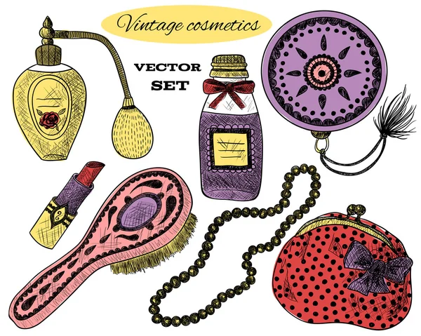 Vintage kozmetikumok. Parfüm, rúzs, tükör kézzel, fésű, nyaklánc, pénztárca — Stock Vector