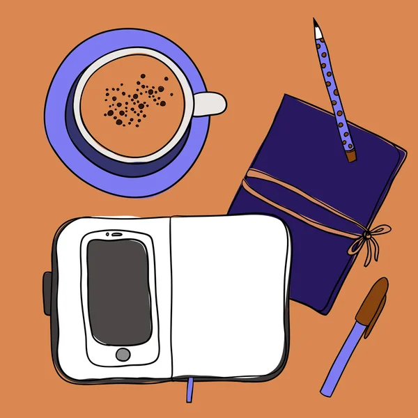 Xícara de café, notebook, caneta, lápis e smartphone. Mockup, modelo para design —  Vetores de Stock