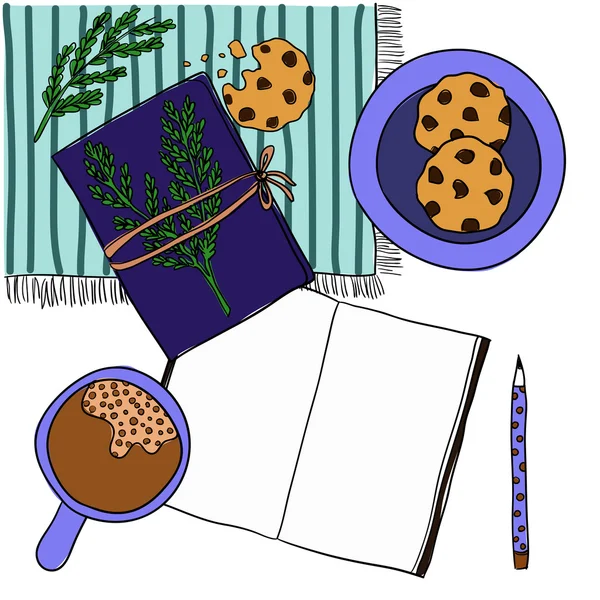 Xícara de café, caderno, caneta e biscoitos em fundo branco. Mockup, modelo para design —  Vetores de Stock