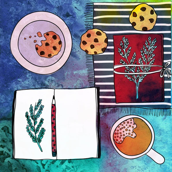 Xícara de café, caderno, caneta e biscoitos. Mockup aquarela, modelo para design em fundo branco — Fotografia de Stock