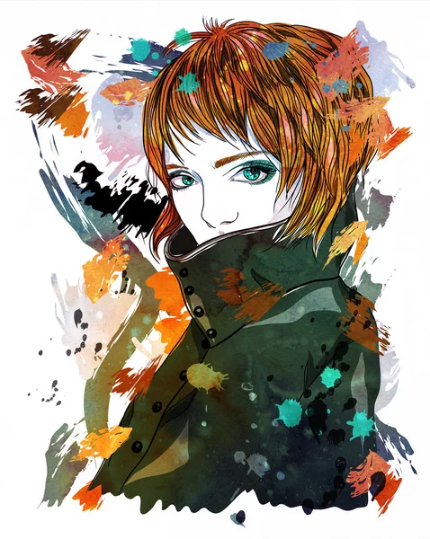Porträt eines Mädchens im Mantel. ein Mädchen mit kurzen roten Haaren. Modeillustration auf abstraktem Hintergrund. Druck für T-Shirt — Stockfoto