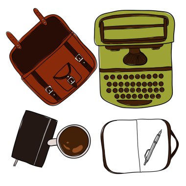 Kahve fincanı, defter, kalem, daktilo ve çanta. Mockup, beyaz arka plan üzerinde tasarım şablonu