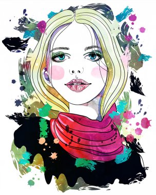 Portrait of beautiful girl with blonde hair on abstract background. Fashion watercolor textured illustration. Print for T-shirt