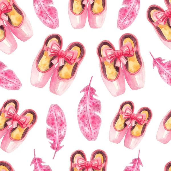 Naadloze patroon met roze pointe-schoenen en veren. Aquarel ballet achtergrond — Stockfoto