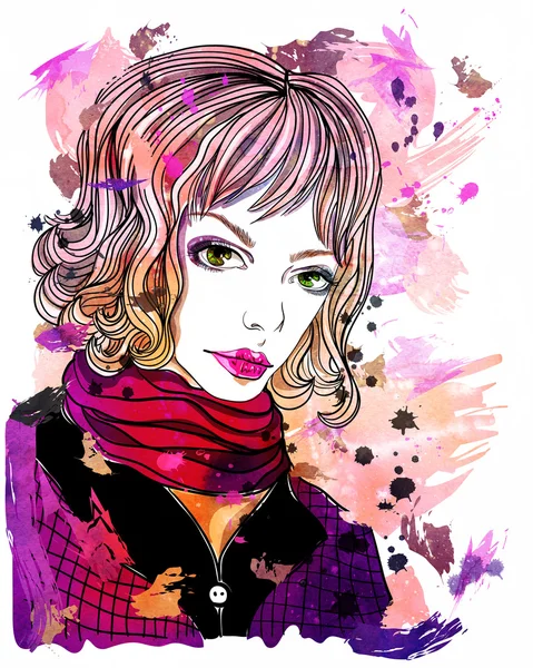 Retrato de hermosa chica rubia sobre fondo abstracto. Ilustración de acuarela moda. Imprimir para camiseta —  Fotos de Stock