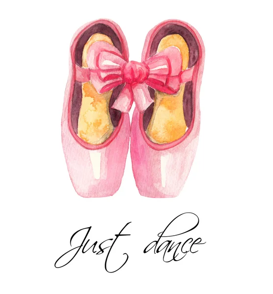 Scarpe da punta e iscrizione Just dance. Illustrazione ad acquerello su sfondo bianco — Foto Stock