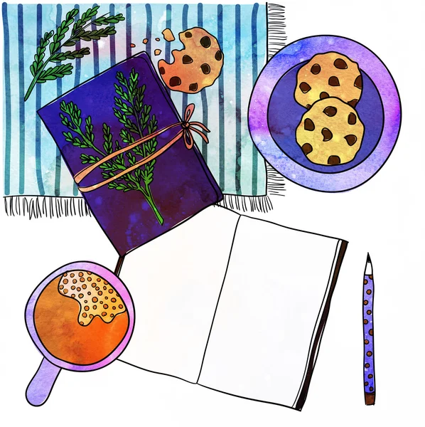 Кофейная чашка, блокнот, ручка и печенье. Акварель макет, шаблон для дизайна на белом фоне — стоковое фото