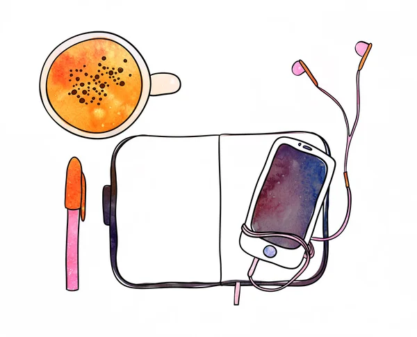 Xícara de café, notebook, caneta, smartphone e fones de ouvido em fundo branco. Mockup aquarela, ilustração aquarela. Modelo para design — Fotografia de Stock