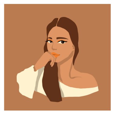 Kahverengi saçlı ve beyaz kazaklı güzel bir kadın. Modern soyut vektör portresi