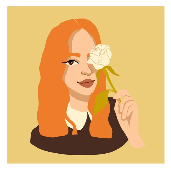 美丽的红头发妇女与白玫瑰 矢量现代肖像 — 图库矢量图片