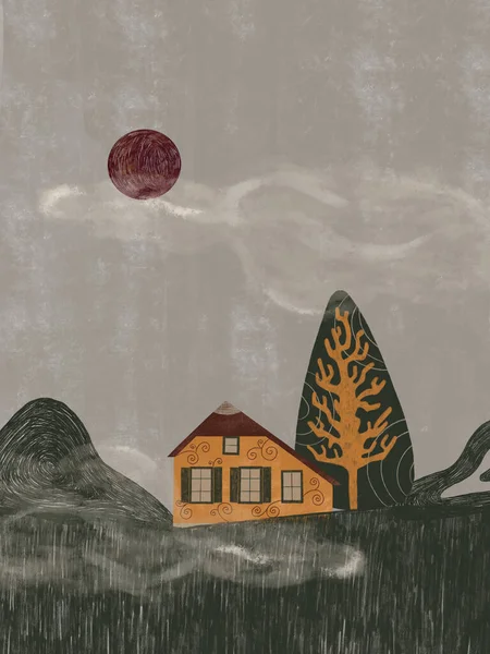 Postkarte Mit Häusern Und Bäumen Landschaft Mit Häusern Bäumen Nebel — Stockfoto