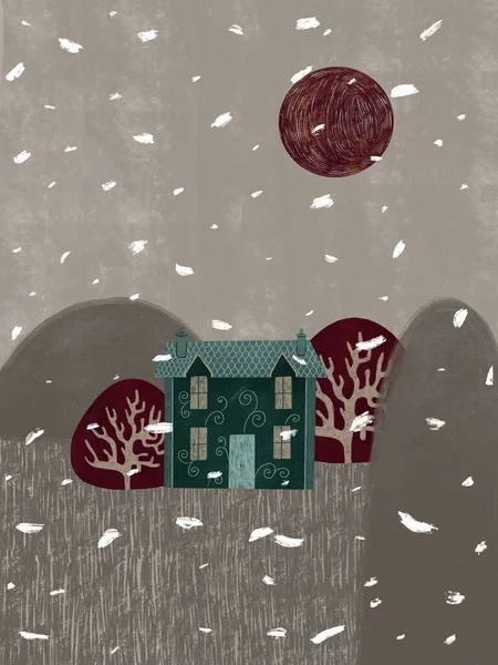 Postkarte Mit Häusern Und Bäumen Winterlandschaft Mit Häusern Bäumen Bergen — Stockfoto