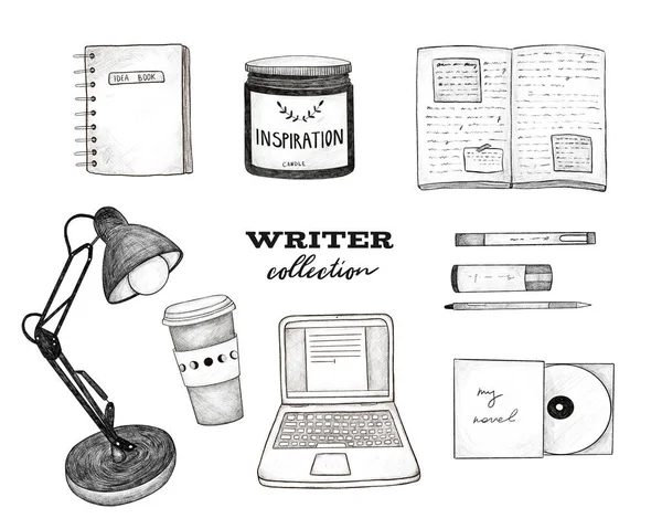 Writer collection. Writing icons, hand-drawn illustrations on white isolated background. Laptop, notepad, stationery, table lamp, candle, cup of coffee