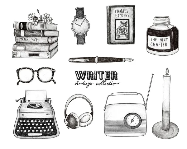 Collection Vintage Writer Écrire Des Icônes Des Illustrations Dessinées Main — Photo