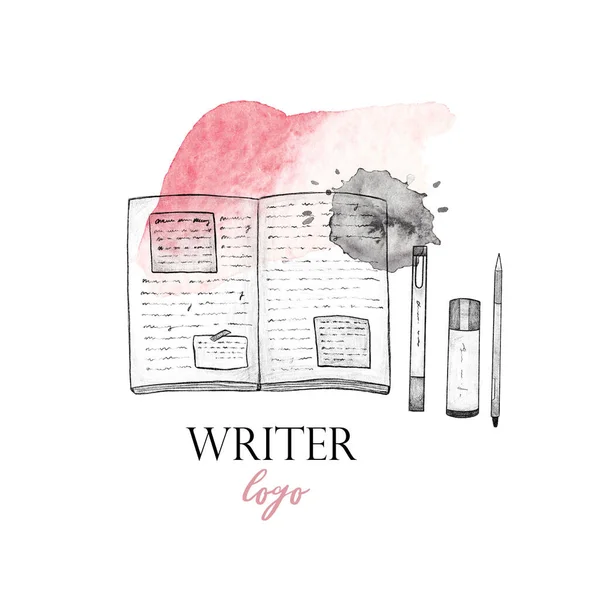 Writer logo. Notebook and stationery with pink watercolor spot on white isolated background