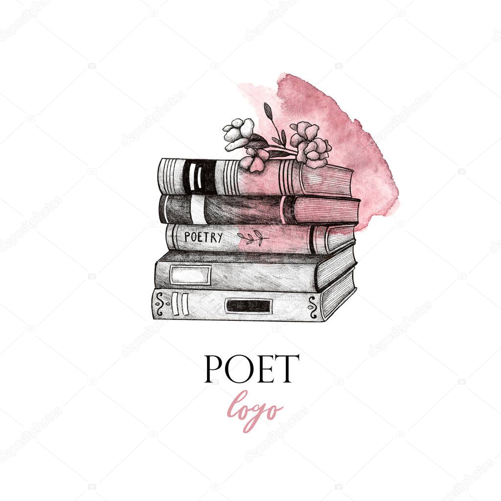 Poet logo. Books, flowers and pink watercolor spot on white isolated background
