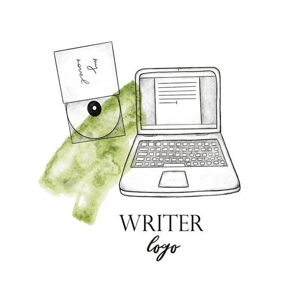 Writer logo. Laptop and CD drive  with green watercolor spot on white isolated background