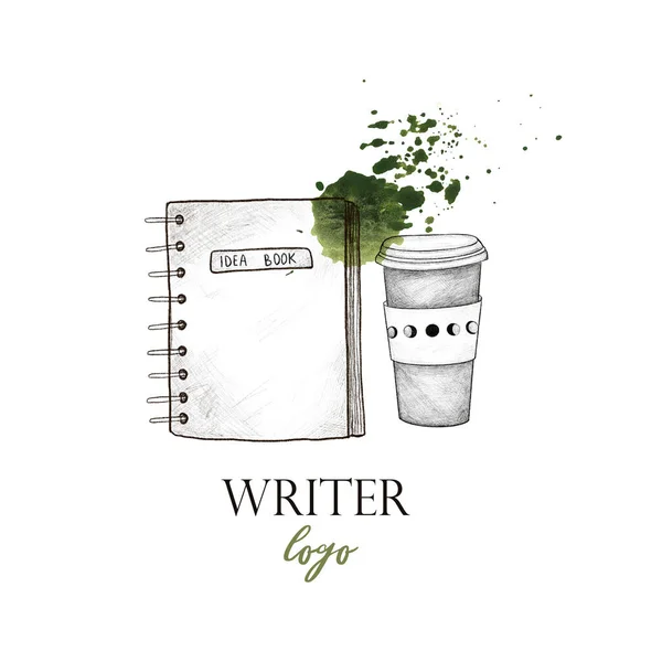 Writer logo. Notebook and coffee with green watercolor spot on white isolated background