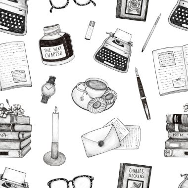 Yazı malzemeleriyle kusursuz desen. Daktilo, defter, kalem, yazar estetiği. İzole edilmiş beyaz arkaplanda elle çizilmiş grafikler