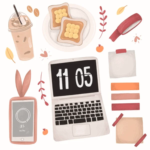 Study collection. Laptop, coffee and toast, smartphone and timer, stickers, stationery. Hand drawn illustrations on white isolated background