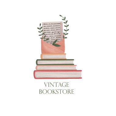 Klasik kitapçı logosu. Kitap yığını, zarf ve mektup, beyaz izole arkaplan logosu