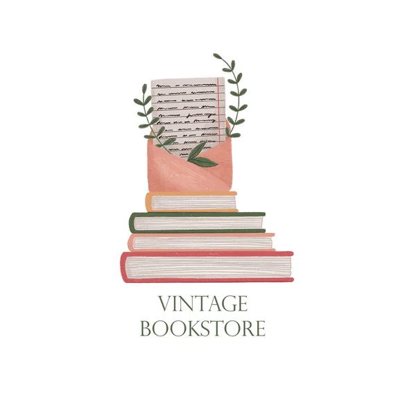 Logo Librería Vintage Montón Libros Sobre Carta Logotipo Sobre Fondo —  Fotos de Stock