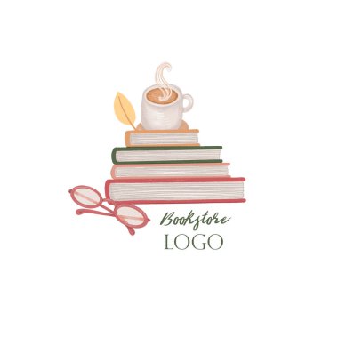 Kitapçı logosu. Kitap yığını, bir fincan kahve ve bardaklar, beyaz izole arka planda logo.