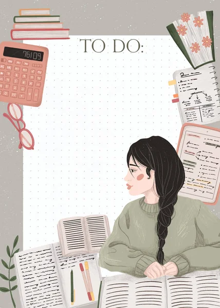 To-do list template. Back to school, study. Girl with a book, stationery