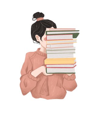 Okula dön, çalış. Elinde bir yığın kitap olan bir kız. İzole edilmiş beyaz arkaplanda el çizimi çizimi 