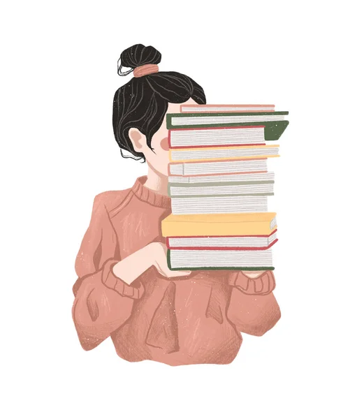 Okula dön, çalış. Elinde bir yığın kitap olan bir kız. İzole edilmiş beyaz arkaplanda el çizimi çizimi 