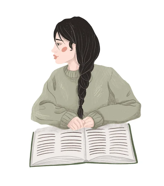 Vissza Suliba Tanulni Egy Lány Egy Könyvvel Kézzel Rajzolt Illusztráció — Stock Fotó