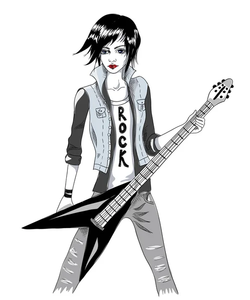 Meisje met elektrische gitaar. De musicus, rocker, zanger — Stockvector